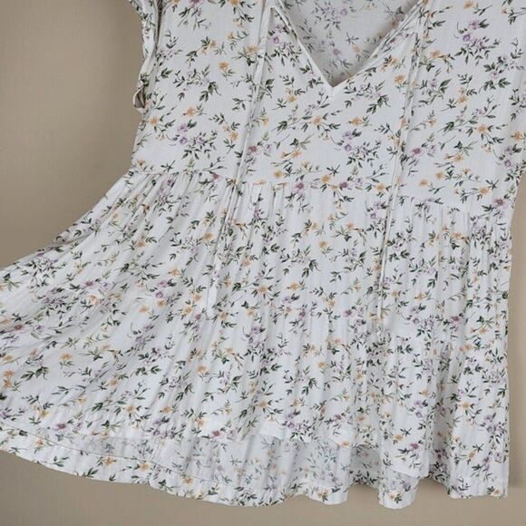American Eagle Outfitters Floral Tiered Viscose Blouse Short Sleeve White XS - Picture 6 of 12